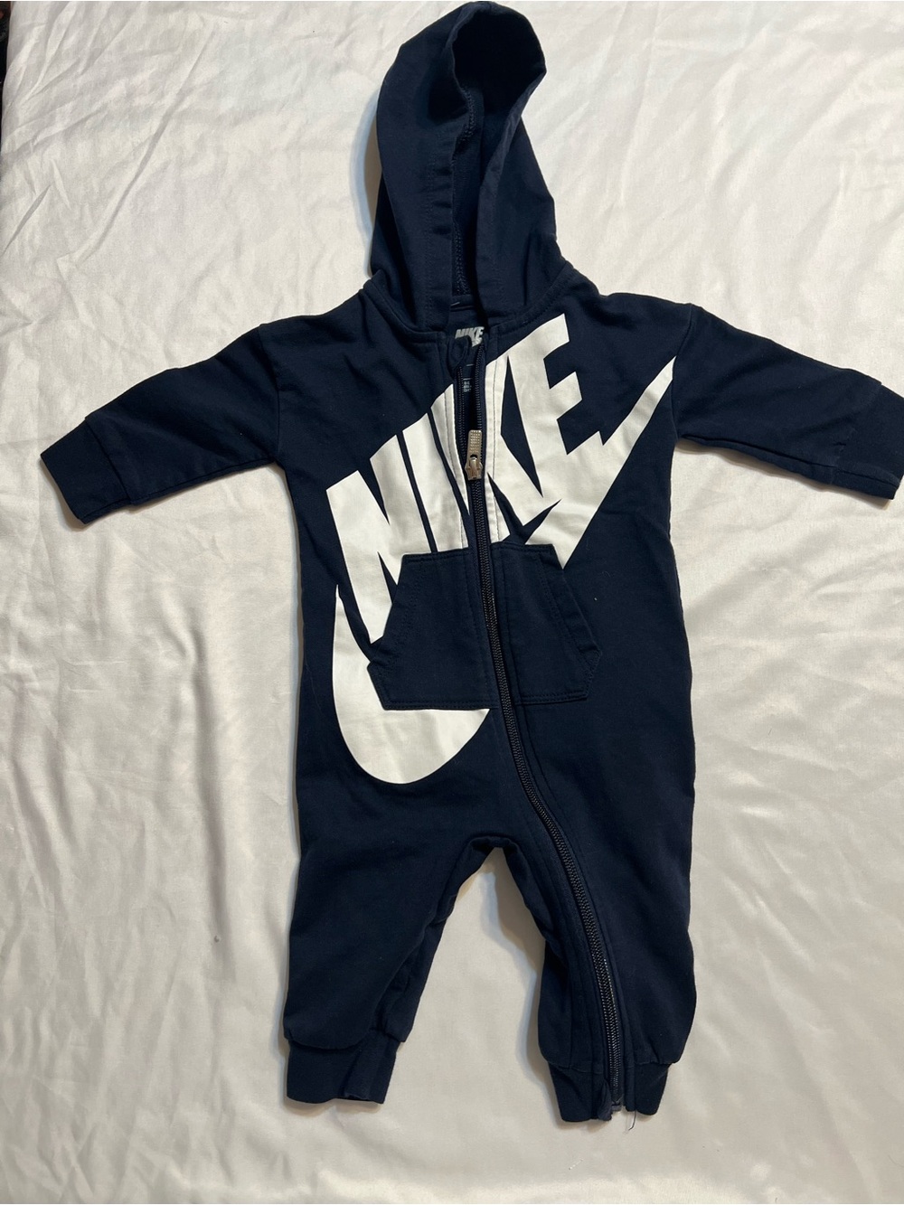 Nike Navy Hooded Baby One-Piece with White Swoosh